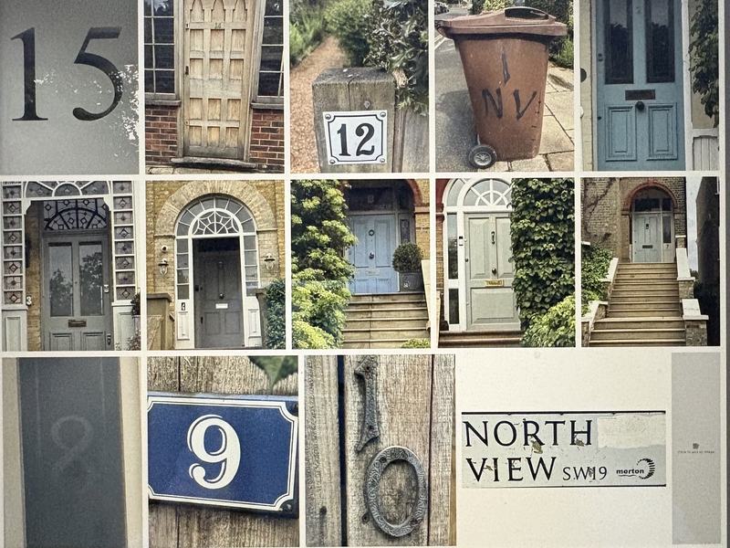 A montage of front doors, house numbers and the North View street sign